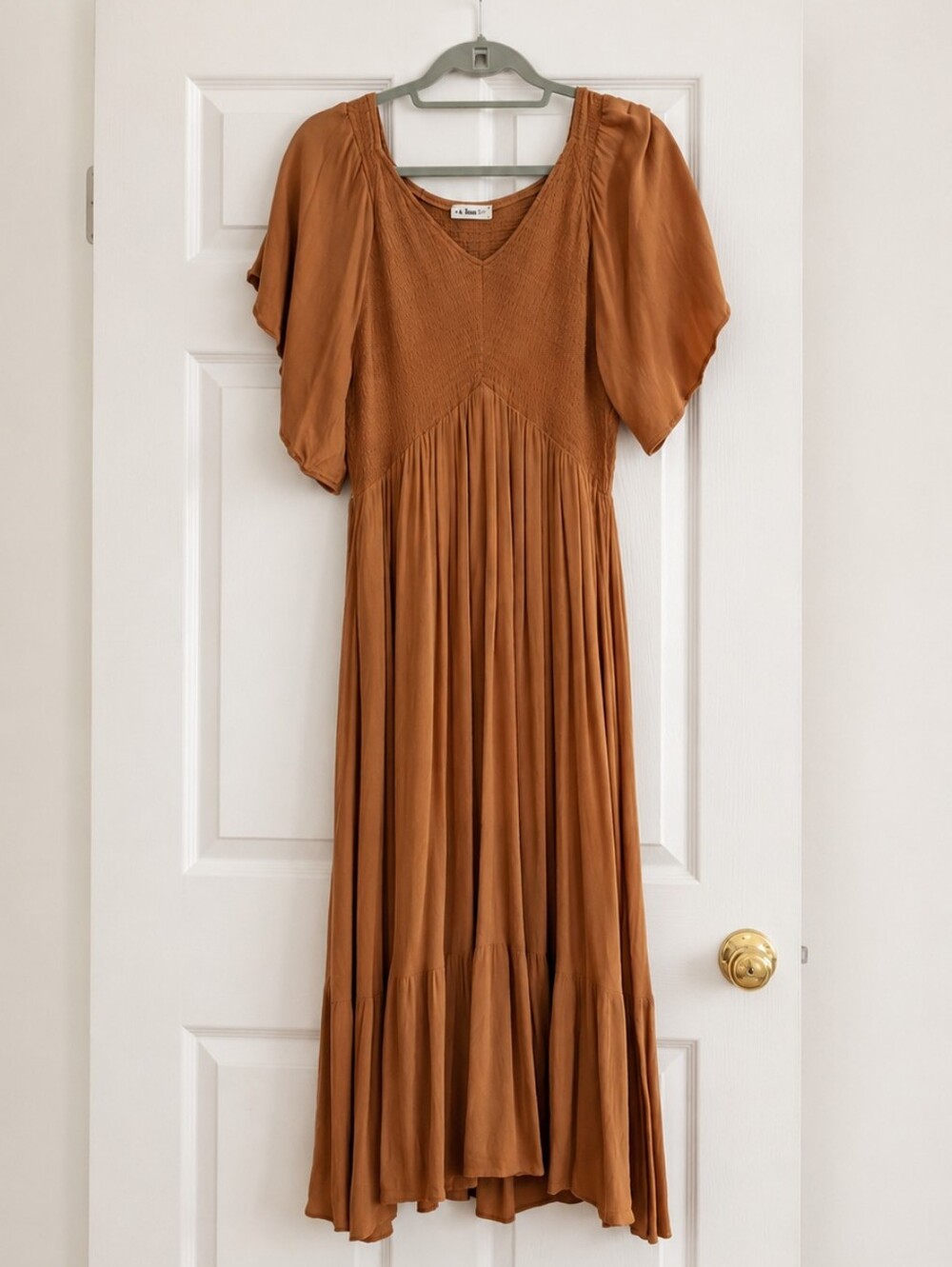 In Loom Rust Orange Midi/Maxi Dress with Flutter Sleeves